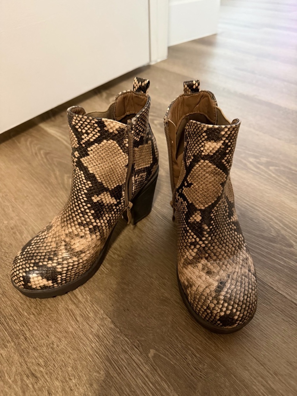 Women’s Snake-Print Ankle Boots in Tan and Black
